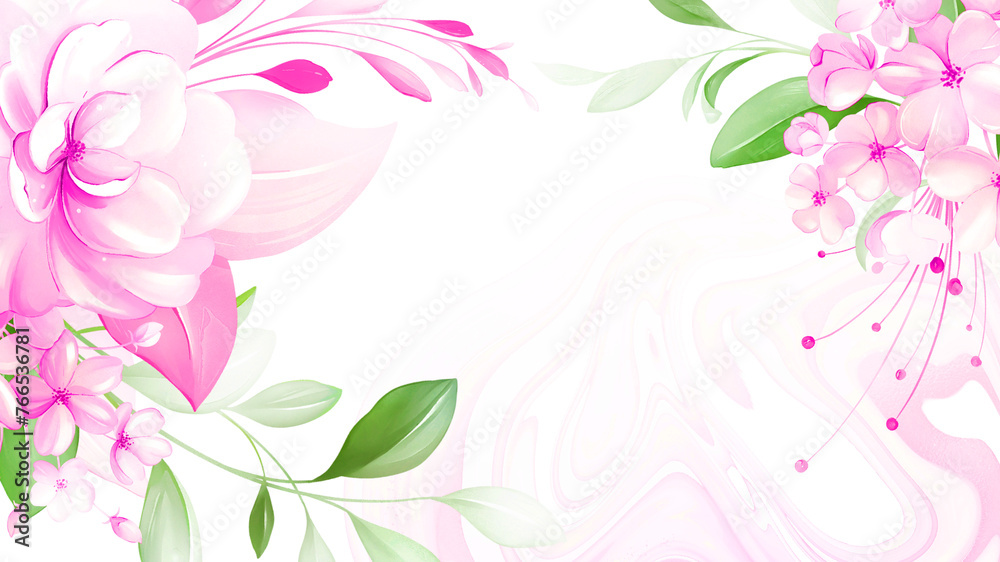 pink watercolor flowers and green leaves on pink background design