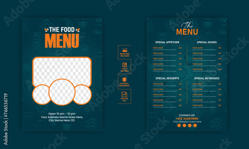 Food menu design template for restaurant with unique layout gradient