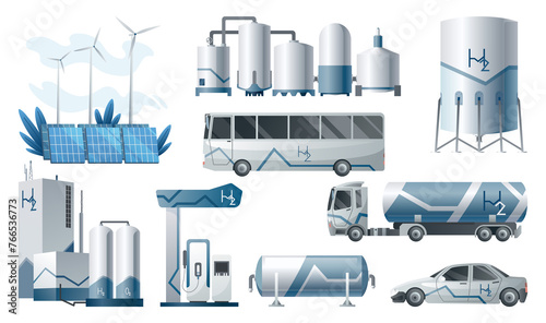 Hydrogen fuel. Green hydrogen. Hydrogen is ecological form of energy. Production and use of green energy from renewable natural resources.  illustration isolated on a white background