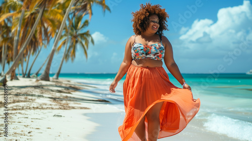 A plus-size woman with a radiant smile and Afro hairstyle joyously walks along a tropical beach, wearing a vibrant orange skirt and floral swimsuit, embodying body positivity and self-love photo