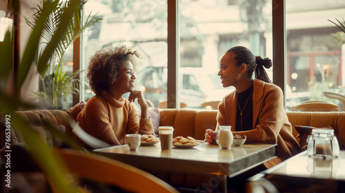 Two young African-American women share a warm, engaging conversation over coffee and cookies in a cozy cafe. Themes of friendship, urban lifestyle, catching up