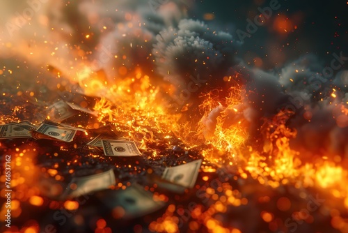 A symbol of wealth destruction with money and fire converging in a dramatic display , 3D render, blender, business concept