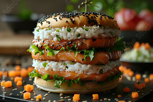 A creative sushi burger dish with fresh salmon slices as buns and sesame rice as toppings. Concept: fusion style of modern cuisine, unusual food combination photo