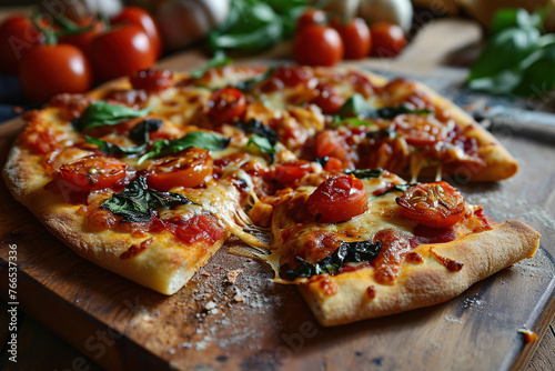 Large vegetarian pizza with cherry tomatoes and herbs on a wooden tray. Generated by artificial intelligence