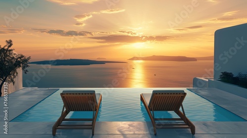vacation  couple on the beach near swimming pool  luxury travel. Traditional mediterranean white architecture with arch sunset. Summer vacation concept.Happy viewpoint and enjoys