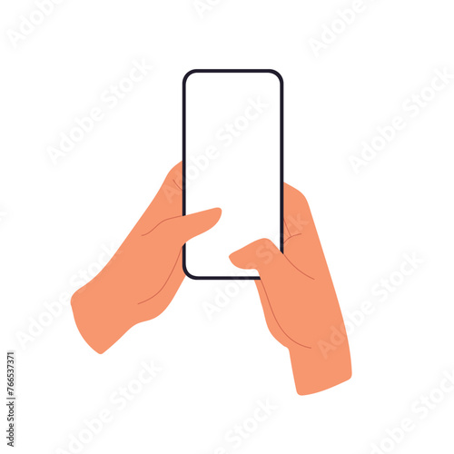 Hands texting on mobile phone screen mockup. Two thumbs on smartphone. Flat vector illustration