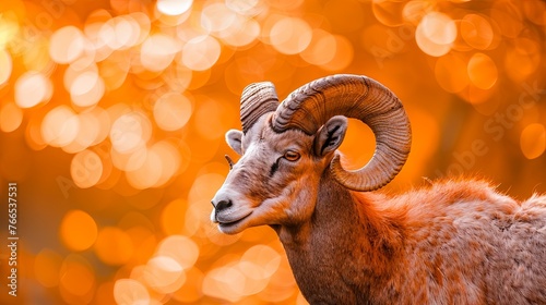 Close-up portrait of a ram with curved horns. Detailed image of the muzzle. A domestic animal is looking at something. Illustration for cover, card, poster, brochure or presentation.