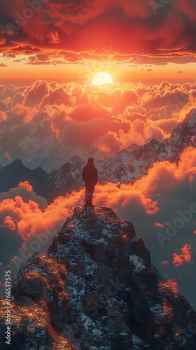 Triumph in career businessman at peak sunrise backdrop panoramic shot , 3D render, blender, business concept