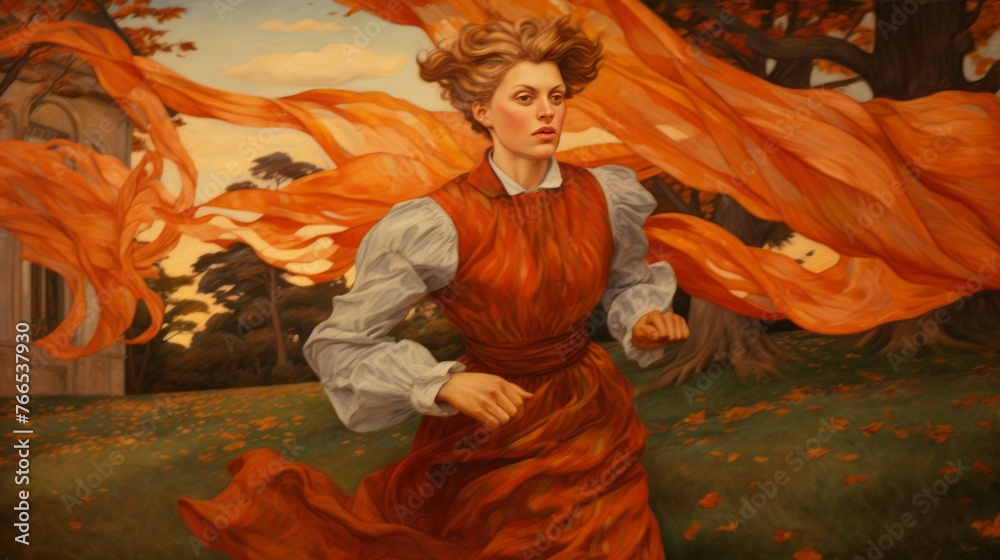 A woman in a red dress is running through a field of orange leaves. The painting is a beautiful representation of the autumn season, with the woman's dress