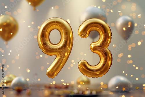 93. Geburtstag, "93" aus goldenen Heliumballons, festlicher Hintergrund