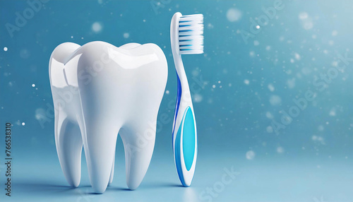 Tooth and toothbrush. 3d tooth with dental tool isolated on blue background. Render. 3d render. Dentistry, medicine concept. 3D rendering. Teeth. Health