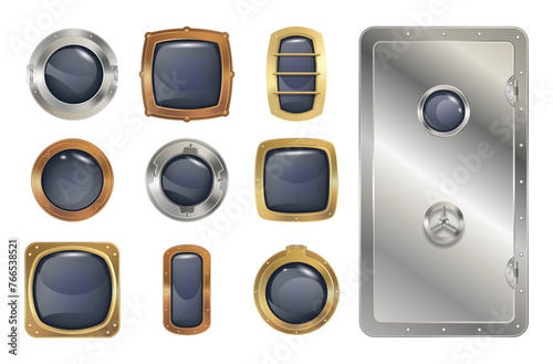 Fototapeta Naklejka Na Ścianę i Meble -  Porthole windows icon. Safe round metalic spaceship illuminators decent.  steel window holes. Cruise aircraft porthole or fuselage cabin windows