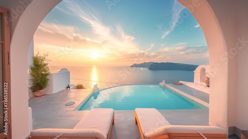 vacation, couple on the beach near swimming pool, luxury travel. Traditional mediterranean white architecture with arch sunset. Summer vacation concept.Happy viewpoint and enjoys © Sittipol 
