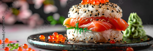 A creative sushi burger dish with fresh salmon slices as buns and sesame rice as toppings. 