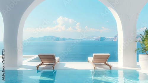 vacation, couple on the beach near swimming pool, luxury travel. Traditional mediterranean white architecture with arch sunshine. Summer vacation concept.Happy viewpoint and enjoys © Sittipol 