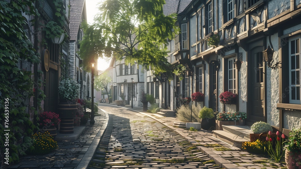 A meandering cobblestone street flanked by rows of quaint townhouses, each with its own unique charm.