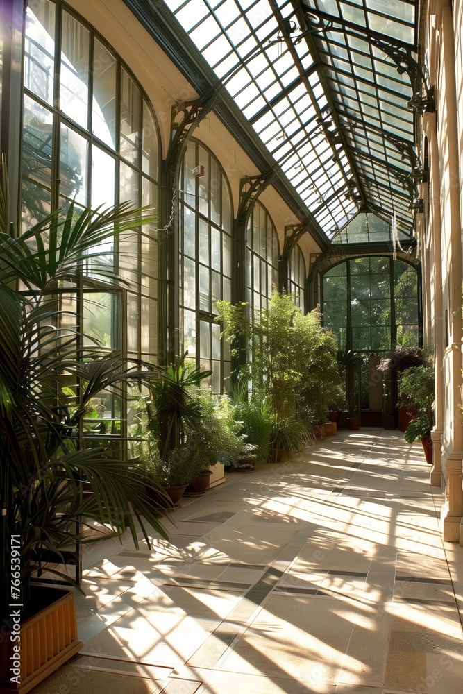 Fototapeta premium Glass greenhouse for gardening, homegrown produce, and country living. Greenhouse stands amidst lush greenery, surrounded by a serene landscape, evoking the tranquility and beauty of rural life. 
