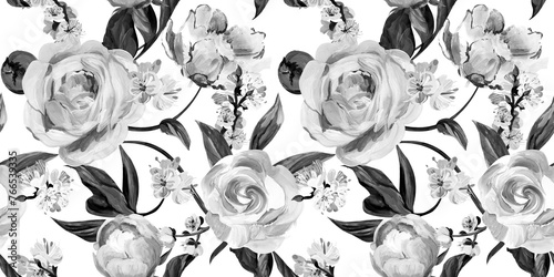 Botanical seamless pattern with peonies and sakura branches drawn in gouache for textile