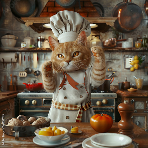 Cat chef in a gourmet kitchen, 3D illustration,
