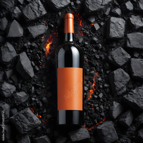 Wine bottle mockup on dark burning background with coal and lava, Generative AI photo