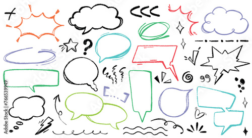 Set of hand drawn pencil speech bubbles, emphasis, punctuation marks, underline, arrow, highlight text elements. Color charcoal doodle check mark, explosion balloon, pencil stroke, swoop line icon. photo