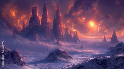Fantasy Worlds. Ice Fortress. A fortress made of ice in a frozen land