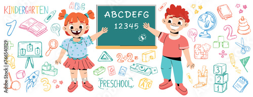 Cartoon happy kids by blackboard learning math and alphabet in preschool. Back to school doodle color set of elements. Funny children play in kindergarten with toys. Line hand drawing education icons.