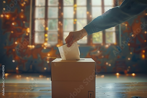 Brief description: A hand throwing a ballot into a ballot box against the backdrop of a light interior. Concept: Close-up of the election process. political voters photo