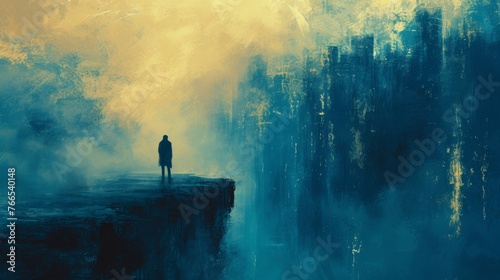 A solitary figure stands on the edge of a cliff, overlooking a misty abyss, in this moody and contemplative abstract landscape painting