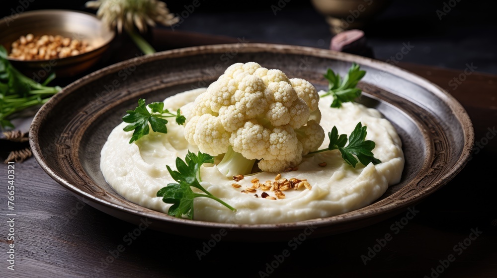 Cauliflower puree with butter and parsley close-up on a plate on the table. Healthy eating. Cauliflower puree with butter and parsley close-up on a plate on the table. Healthy eating.