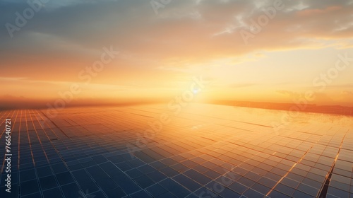 A field of solar panels with the sun setting in the background