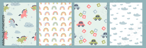 Bohemian baby simple seamless pattern. Hand drawn boho nursery design with clouds, rainbow, cute unicorn, toy car, abc cubes, starry sky for kids bedroom in scandinavian style. Childish wall art print