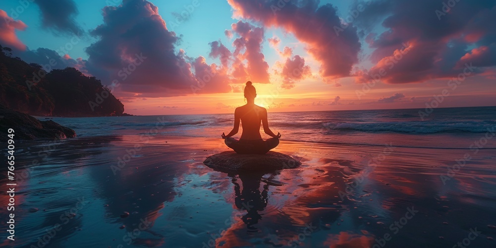 A silhouette of a woman practices yoga on the sandy beach at sunset, embracing relaxation and tranquility. - obrazy, fototapety, plakaty 