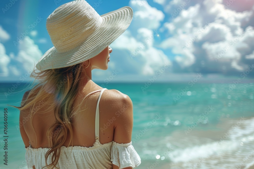 Young beautiful woman in a dress and hat enjoying the sunshine while looking at the ocean.