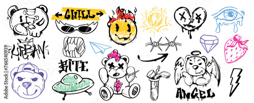 Spray paint graffiti vector set of bear with angel wings, broken heart, eye, devil, ufo, tags with grunge fonts. Graphic ink symbols, slogan and color street art stickers isolated on white background.