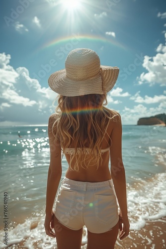 A slender, beautiful young woman in a hat enjoys relaxing on a sunny beach.