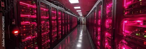 Data center corridor servers with pink glowing Ethernet network provide secure connection.