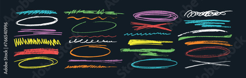 Vector set of hand drawn colorful pencil lines and squiggles set. Charcoal strikethroughs, underlines, scribbles and brush rough strokes isolated on black background. Grunge smears, crayon emphasis.