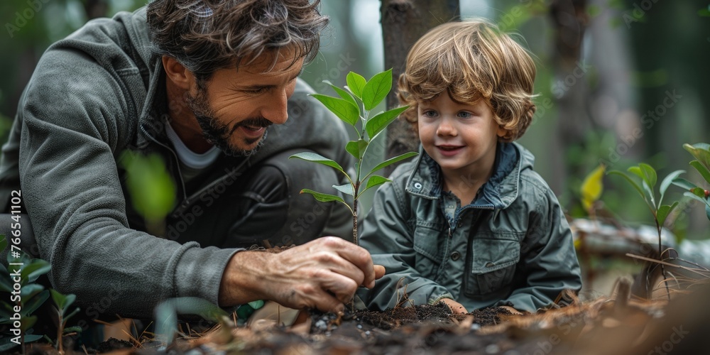 Father and son united in planting, nurturing ecology, fostering family bonds amidst organic gardening.