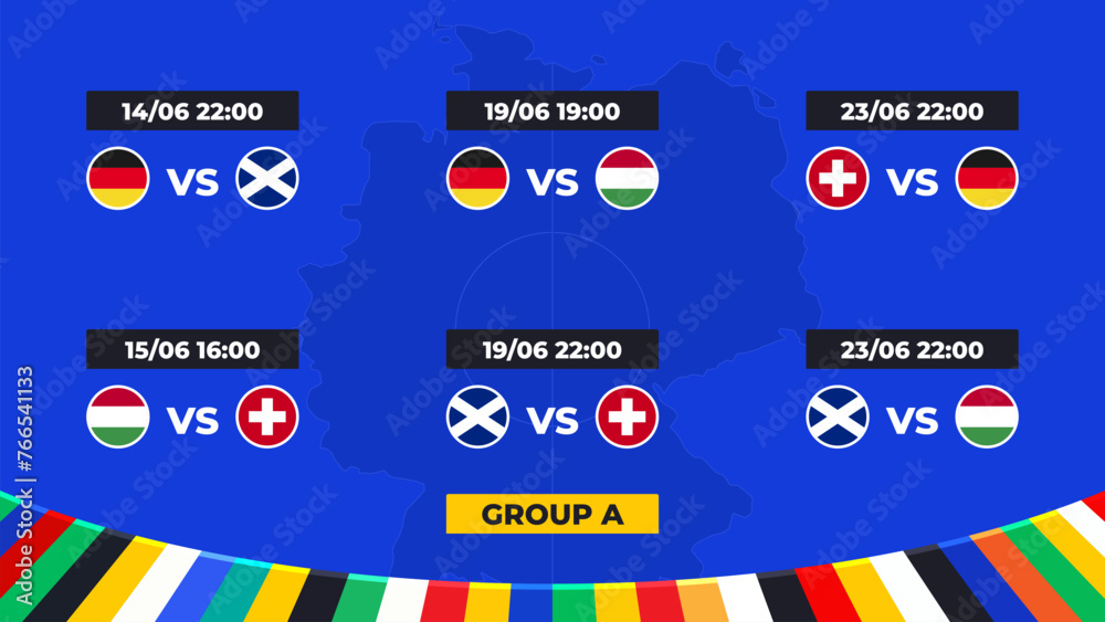 Naklejka premium Match schedule. Group A of the European football tournament in Germany 2024! Group stage of European soccer competitions in Germany.