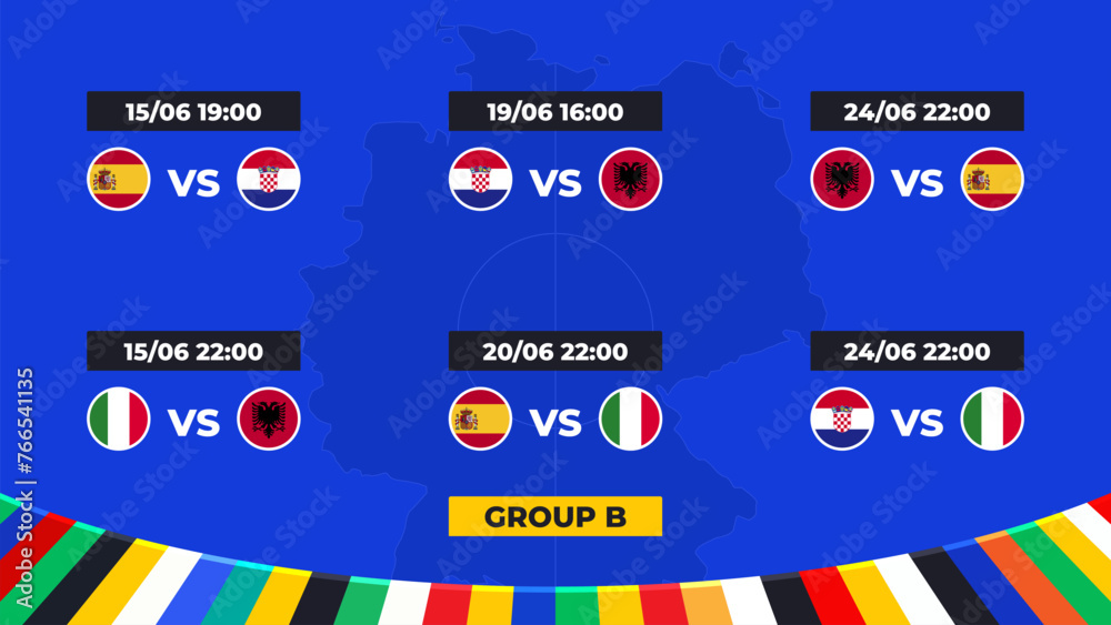 Match schedule. Group B of the European football tournament in Germany 2024! Group stage of European soccer competitions in Germany. - obrazy, fototapety, plakaty 