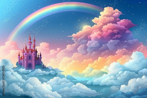 A magical fairy tale unfolds with a pink castle on a hill, a rainbow in the sky.