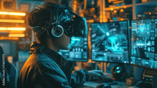 A woman dons a VR headset in a dimly lit room, immersing herself in a virtual reality experience for entertainment. AIG41 © Summit Art Creations