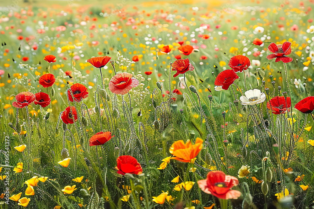 Fototapeta premium illustration natural colorful summer meadow with many flowers