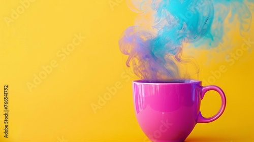 A neon pink cup of coffee with a swirl of blue and purple steam against a bright yellow background