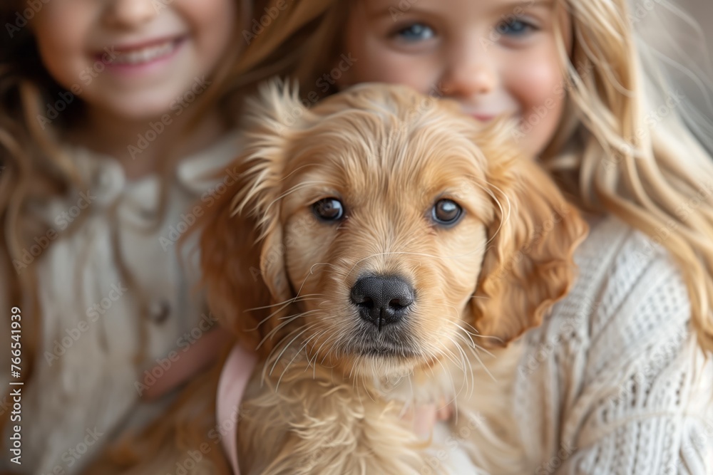 Two girls holding a fawncolored puppy, sporting a big smile