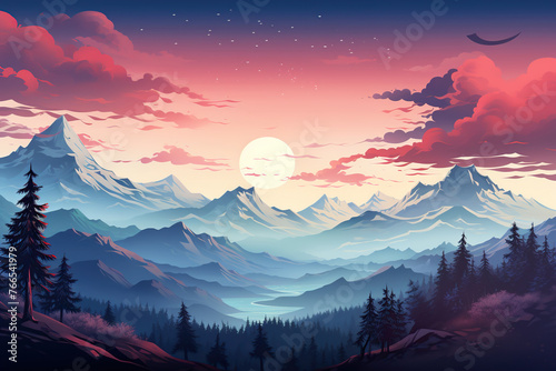 Beautiful illustration of a mountain landscape at sunset or dawn. Generated by artificial intelligence © Vovmar