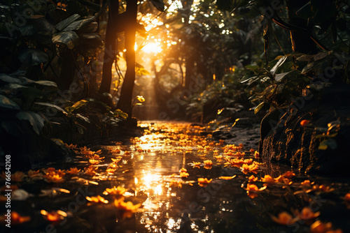 River in the tropical forest. Warm sunlight. Generated by artificial intelligence photo
