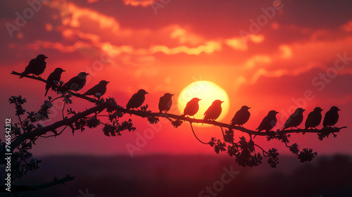 A group of birds sits on the tree at sunset