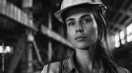 Monochrome portrait of a female engineer with hardhat in industrial setting.